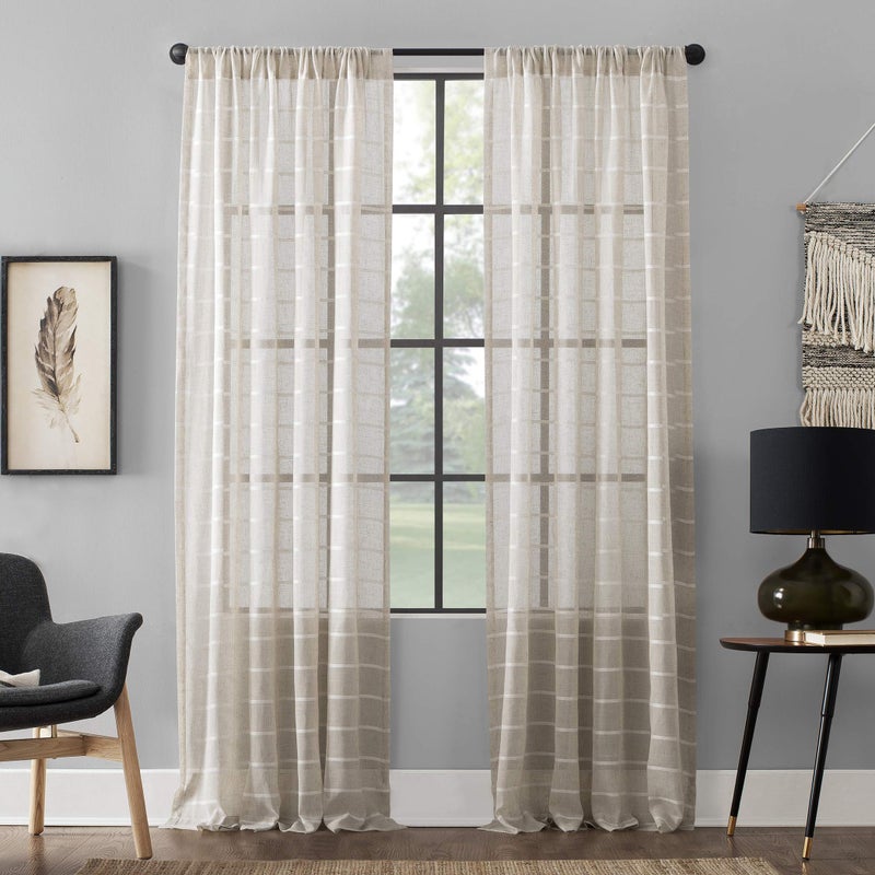 Clean Window Twill Stripe Anti-Dust Allergy/Pet Friendly Anti-Dust Sheer Curtain Panel, 52" x 63, White/Linen - Image 1